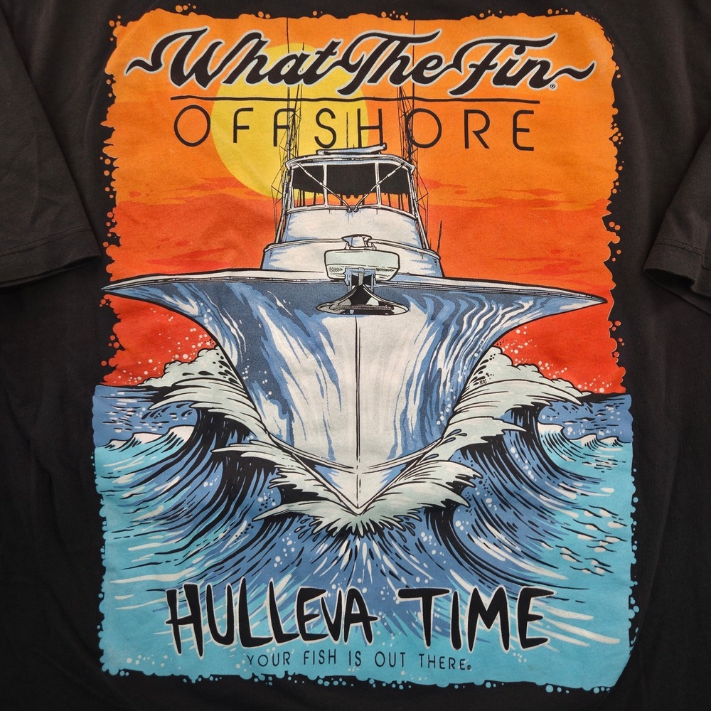 What The Fin Offshore Fishing T-Shirt Mens Large Gray Hulleva Time Boat Graphic‎